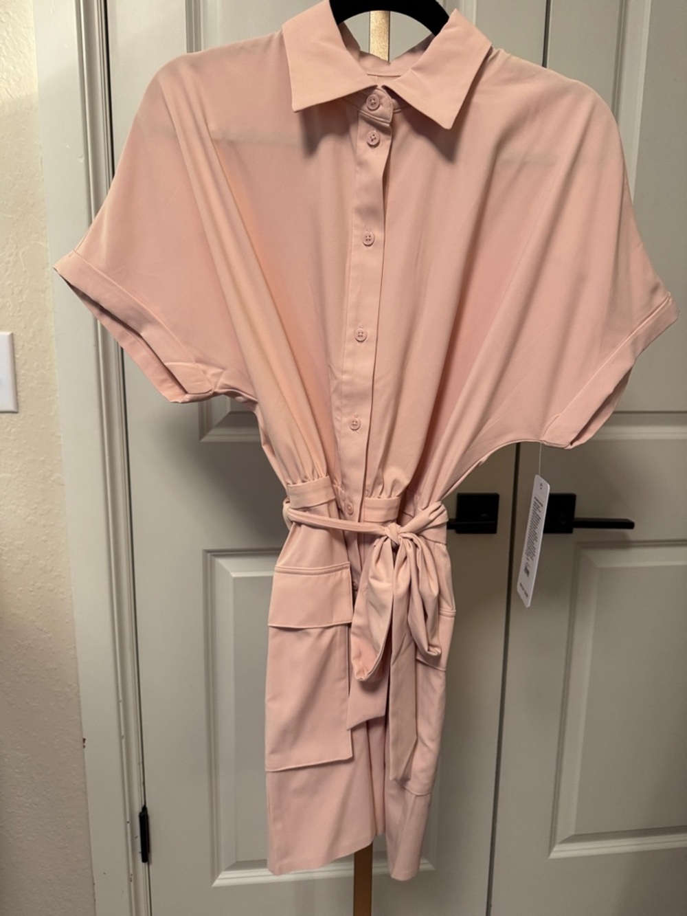 RHONE Blush Pink Blouson Tie-Waist Shirt Dress